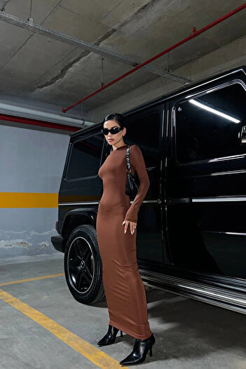 Look Kadıköy Brown Long Sleeve Maxi Crew Neck Dress