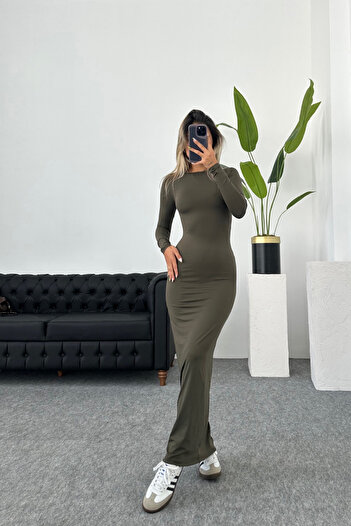 Look Kadıköy Χακί μακρυμάνικο φόρεμα με λαιμόκοψη