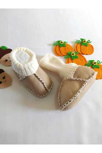 MİNİBİRİ Organic Genuine Lambskin Baby Booties Slippers Baby Boots Baby Shoes
