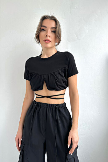Seda Yalçın Atelier Black Rope Detailed Drawstring Crop