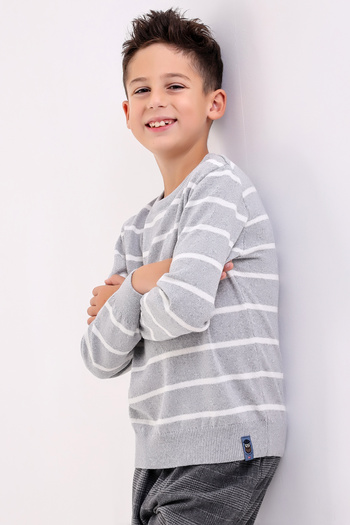 Matte Venice Boy's Light Gray Crew Neck Striped Knitwear Sweater