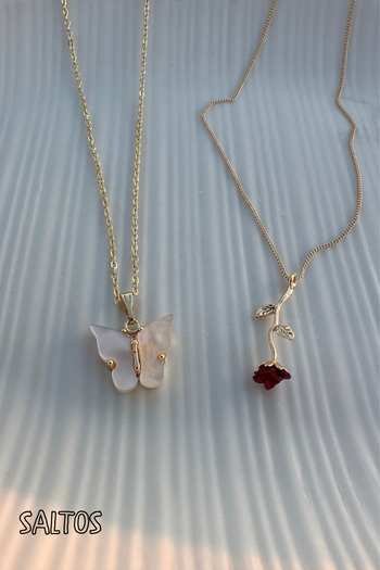 Saltos Set of 2 Necklaces, White Butterfly Necklace and Red Rose Necklace Set, Gold Necklace, White Butterfly Necklace and Red Rose