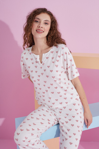 Siyah İnci white heart patterned Lycra Knitted Pajama Set