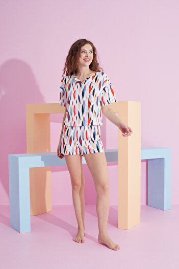 Siyah İnci patterned Lycra Knitted T-shirt-Shorts Pajama Set