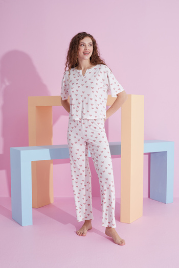 Siyah İnci white heart patterned Lycra Knitted Pajama Set