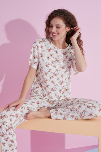 Siyah İnci Set de pijama tricotat Lycra cu flori albe