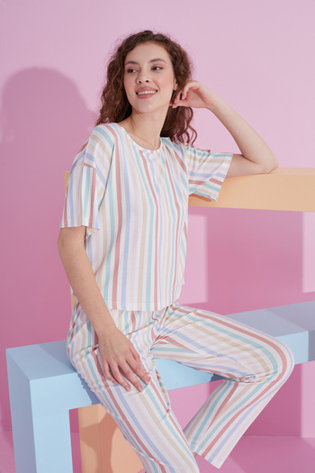 Siyah İnci line patterned Lycra Knitted Pajama Set
