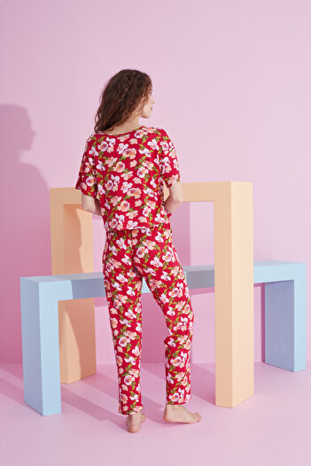 Siyah İnci kırmızı çiçek desenli likralı Örme Pijama Takım