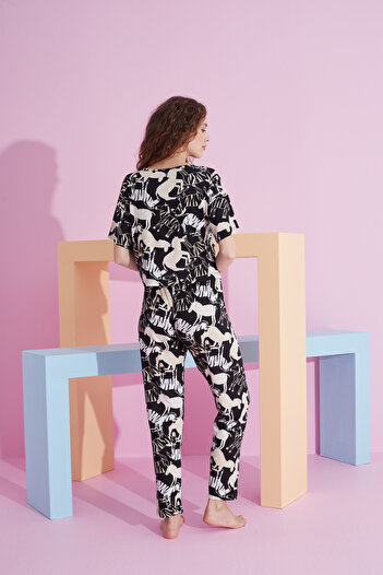 Siyah İnci zebra desenli likralı Örme Pijama Takım