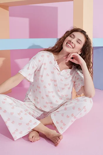 Siyah İnci Set de pijama tricotat Lycra cu inimă alb roz