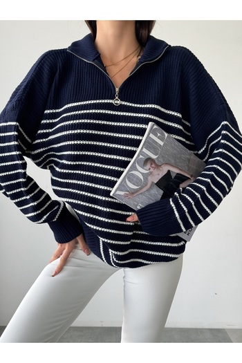Friday Mood Zipper Detail Striped Knitwear Sweater
