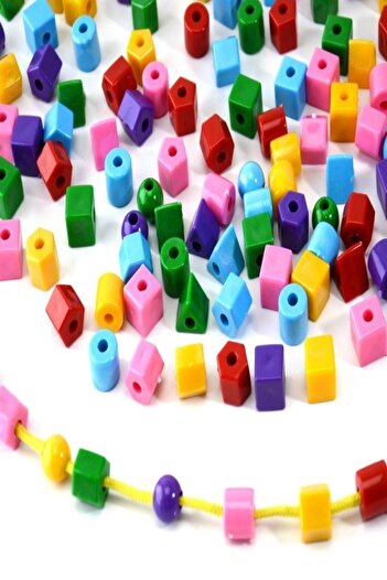 RoseRoi 60 Parça Geometrik Şekiller Ipe Boncuk Dizme Koordinasyon Renk Algı Eğitici Oyuncak Popit
