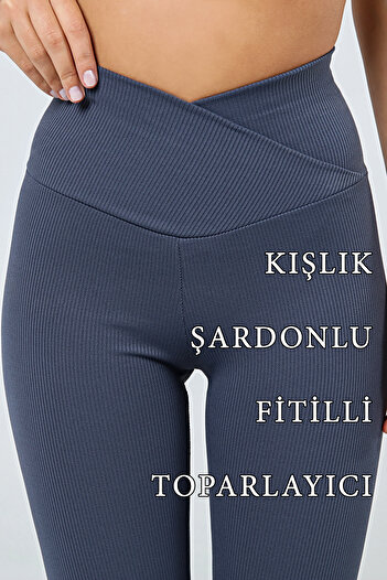 VOSSAX Women's Ribbed High Waist Gathering Indigo Cross Waist Leggings with Fleece Inside