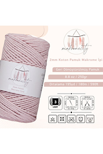 Makromecity Premium Koton Cotton Macrame Rope Baby Pink 200 Gr 150 Meters 2mm Cotton Macrame Bag Rope Supla Rope
