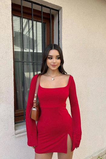 Look Kadıköy Red Spanish Sleeve Deep Slit Square Neck Mini Dress