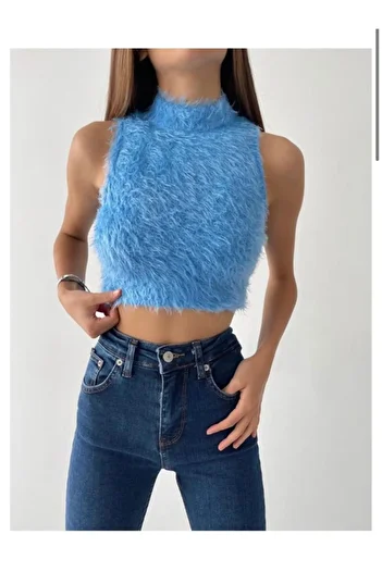 BE CHİC WOMEN'S BLUE DIKYAKA SLEEVELESS HAIRY CROP KNITWEAR SWEATER AYD005