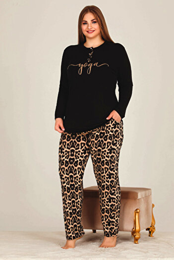 Jenny Daphne Soft Leopard Pajamas Patterned Long Sleeve Large Size Viscose Fabric Pajamas Set 11326