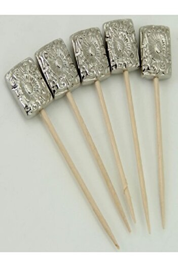 Kazanabil 20 Pcs EMBROIDERED RECTANGULAR BEADED COCKTAIL PRESENTATION TOOTHPICKS SILVER
