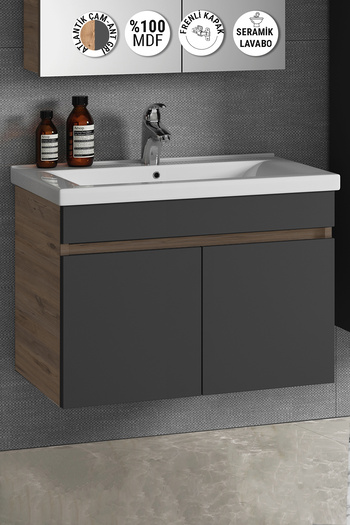 ÖZCEDEN Çiğdem 80 Cm Atlantik Çam-antrasit Gri Mat Mdf Seramik Lavabolu Asma Banyo Alt Dolabı