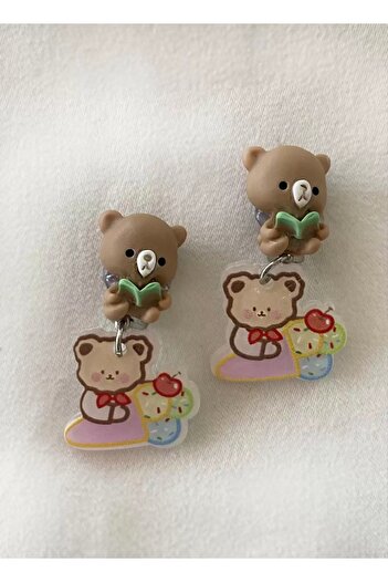 NİLZ Brown Color Bear Figured Children's Earrings with Studs