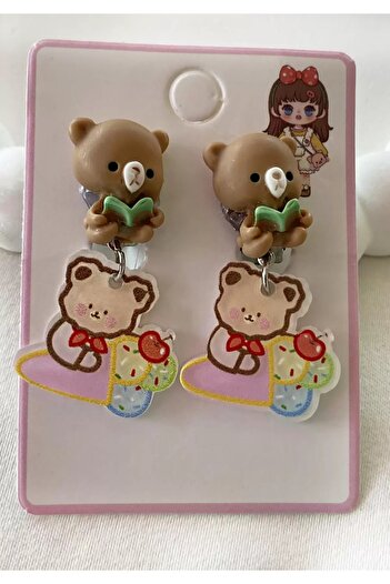 NİLZ Brown Color Bear Figured Children's Earrings with Studs