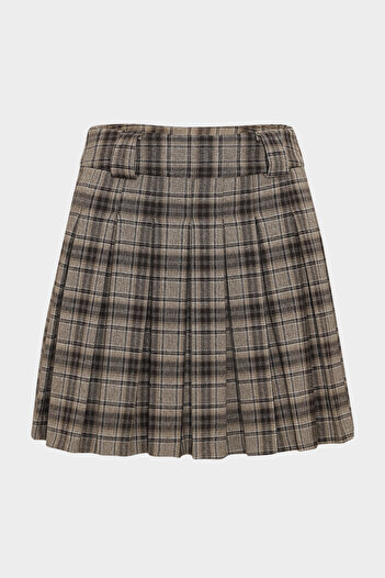Açelya Okcu Pleated Detailed Slim Fit Gabardine Plaid Women's Mini Skirt