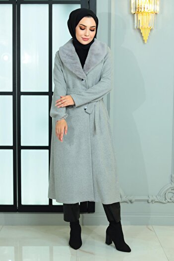 Modamihram Wide Fur Collar Cashew Coat Gray 19174