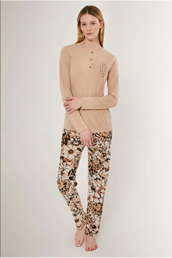 BSM Nap Time Is Happy Women's High Quality Viscose 3 Button Long Sleeve Biscuit Pajamas Set