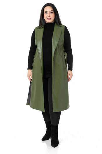 DISENTIS MODEST Large Size Leather Khaki Vest with Windbreaker, Side Slits and Pockets