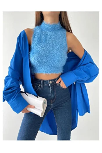 BE CHİC WOMEN'S BLUE DIKYAKA SLEEVELESS HAIRY CROP KNITWEAR SWEATER AYD005