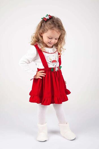 MİNİKO KİDS YEARSHIP THEMED GIRL'S DEER PATTERNED BADED SALOPET DRESS