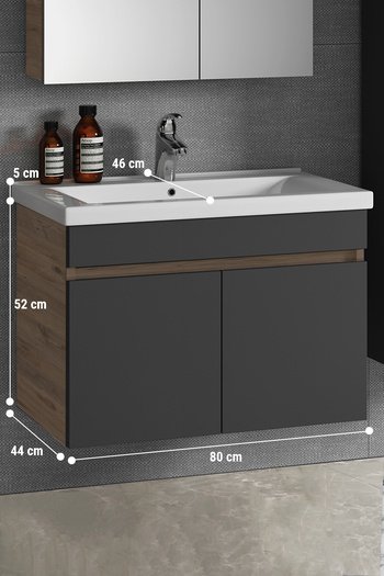 ÖZCEDEN Çiğdem 80 Cm Atlantik Çam-antrasit Gri Mat Mdf Seramik Lavabolu Asma Banyo Alt Dolabı