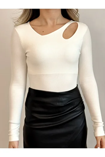 KAROL Asymmetrical Collar Shoulder Detailed Super Stretchy Ecru Blouse