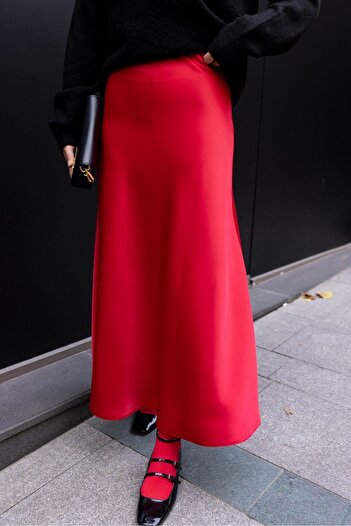 MİSSACİK Luxury Quality Satin Fabric Elastic Waist Skirt Red