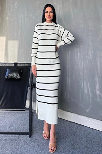 vuvutasarım Oversize Fit Crew Neck Stripe Patterned Long Sleeve Midi Length Ecru Knitwear Sweater 1080