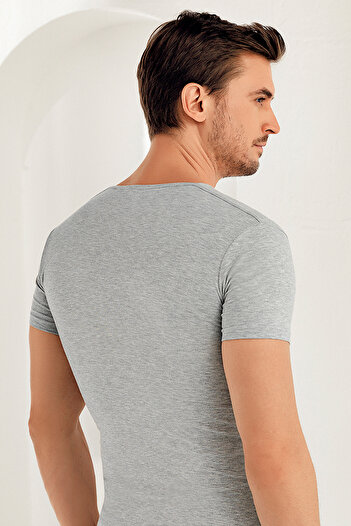 Şahinler Short Sleeve V-Neck Lycra Single Jersey Tank Top Gray Me081