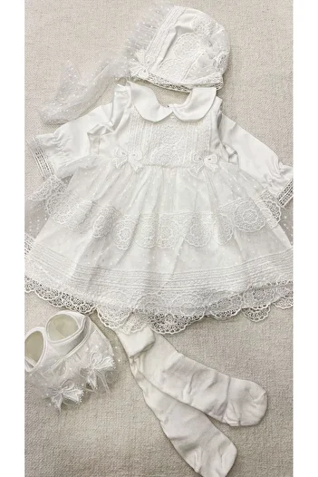 Pugi Baby Baby Girl Mevlüt Dress Set Vintage Style with Lora Hat 4 Pieces