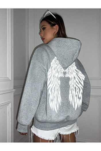 trendgar gray angel back Printed Hooded Sweatshirt
