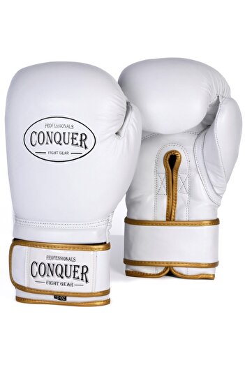 Conquer White Premium Leather - White Pro Fight Boxing Gloves