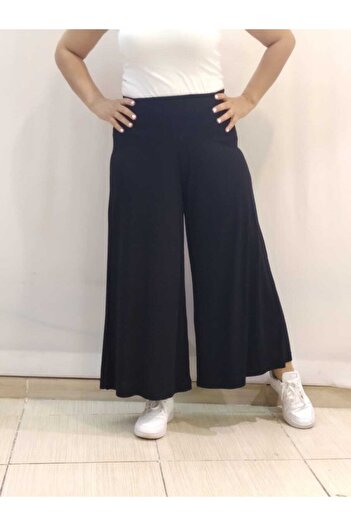 Mertcan Butik Elastic Waist Wide Leg Combed Cotton Viscose Black Trouser Skirt
