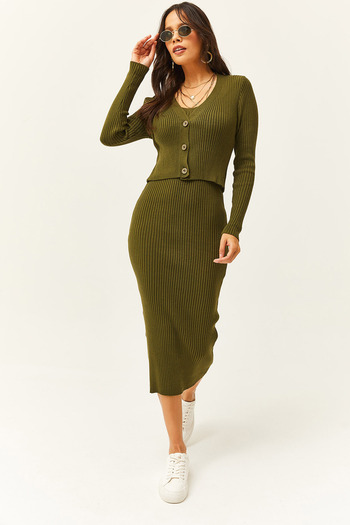 Olalook Women's Khaki Dress Cardigan 2-Piece Knitwear Suit TKM-19000223