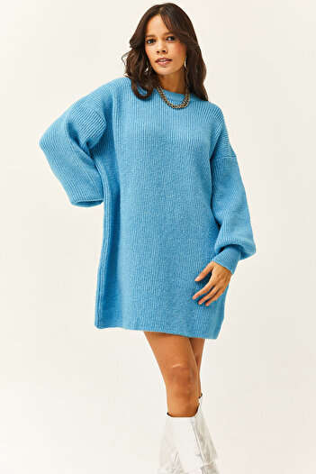 Olalook Γυναικείο Baby Blue Crew λαιμόκοψη μανίκι με μαλακή υφή Πλεκτό τουνίκ φόρεμα ELB-19001802