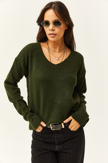 Olalook Women's Khaki V-Neck Soft Textured Knitwear Sweater KZK-19000598