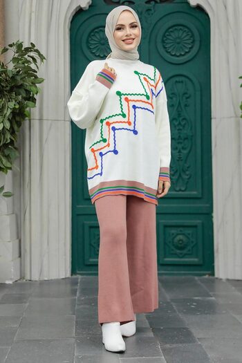 Neva Style - Patterned Dusty Rose Hijab Knitwear Double Set 6398Gk