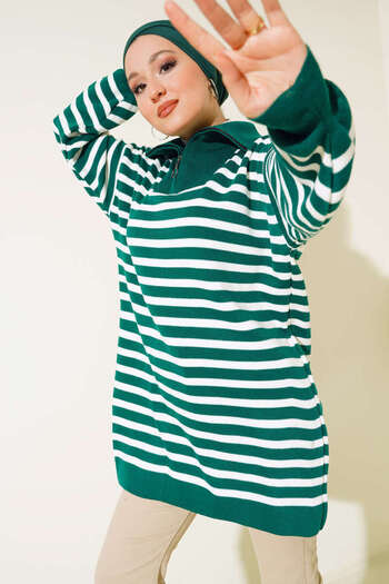 benguen 11020-03 Striped Knitwear Tunic with Zipper Collar Emerald Green