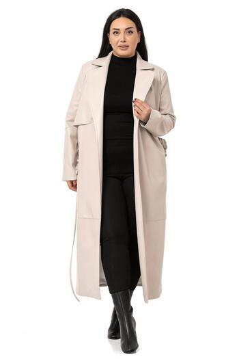 DISENTIS MODEST Large Size Drawstring Belted Windbreaker Long Leather Lined Stone Color Coat