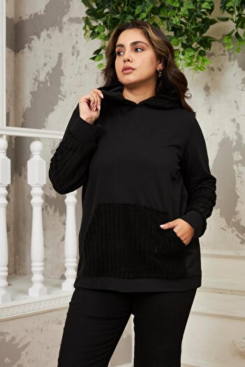RMG Plus Size Black Sweatshirt with Sleeve Detail