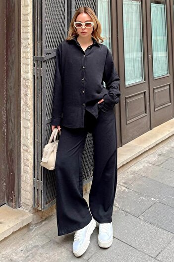 Swist Black Oversize Linen Shirt-Pants Women's Bottom-Top Set