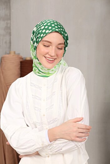 Modakaşmir Polka Dot Patterned Soft Cotton Scarf Pistachio Green