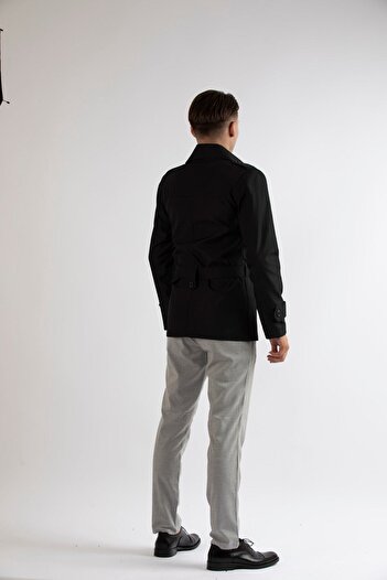 MASERTO Erkek Siyah Slim Fit Kısa Model Trençkot